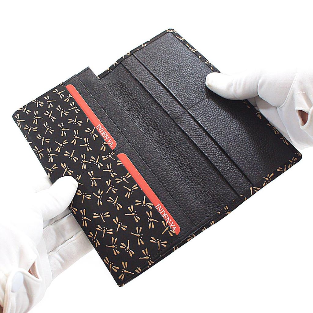 [Inden-ya] Inden Long Wallet, Size M, with Coin Purse, Deerskin, Black with White Lacquer, Dragonfly Pattern, 2109-11-008