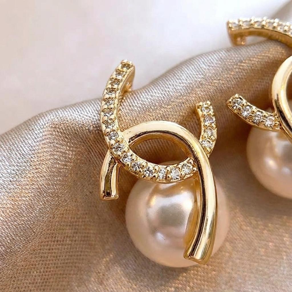 Gold Plated Pearl Drop Earrings for Women, Cubic Zirconia Interlocking Double C Studs, Trendy Elegant Crystal Statement Jewelry