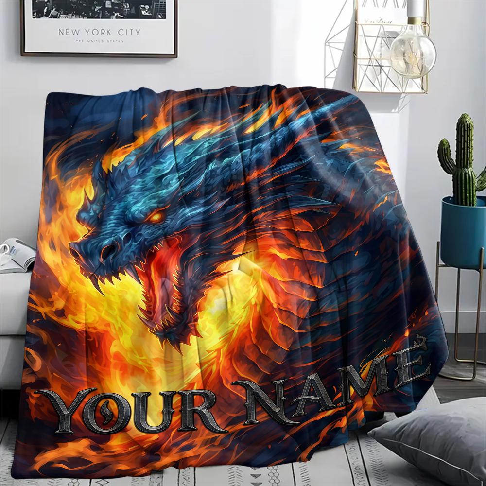 1PC Custom Name Dragons Fiery Majesty Patterned Flannel Blanket Suitable For All Seasons for Home Decor Warmth and Comfort Gifts Holiday Present_lx