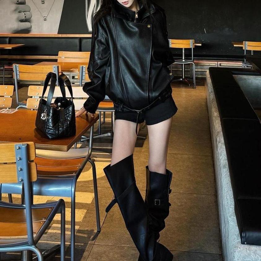 Hongkongská retro kožená bunda Bad Boy pro ženy - Podzimní, Volná, Všestranná, Zeštíhlující design