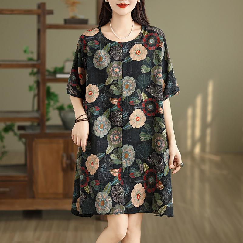 

Short sleeve Plus size Cotton vintage floral new in dresses for women casual loose mini summer dress XXL