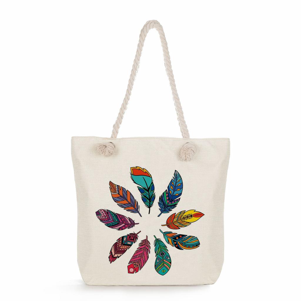 Feather print thick rope single-shoulder beach bag 7221