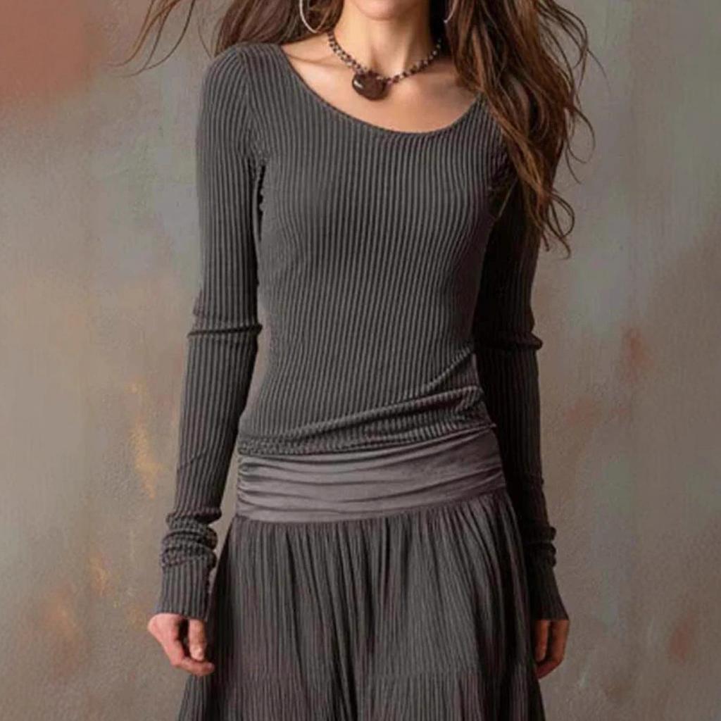 Herbst Retro Geripptes Langes Kleid Langarm Rundhalsausschnitt A-Linien Rock
