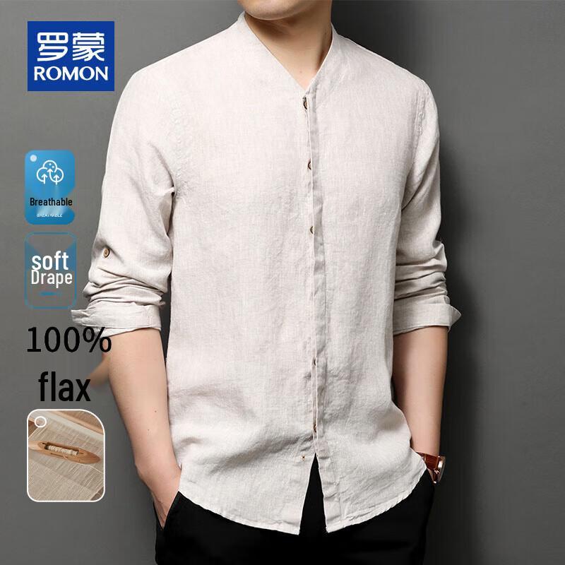 ROMON Men s Chinese Style 100% Linen Long Sleeve Stand Collar Shirt XL