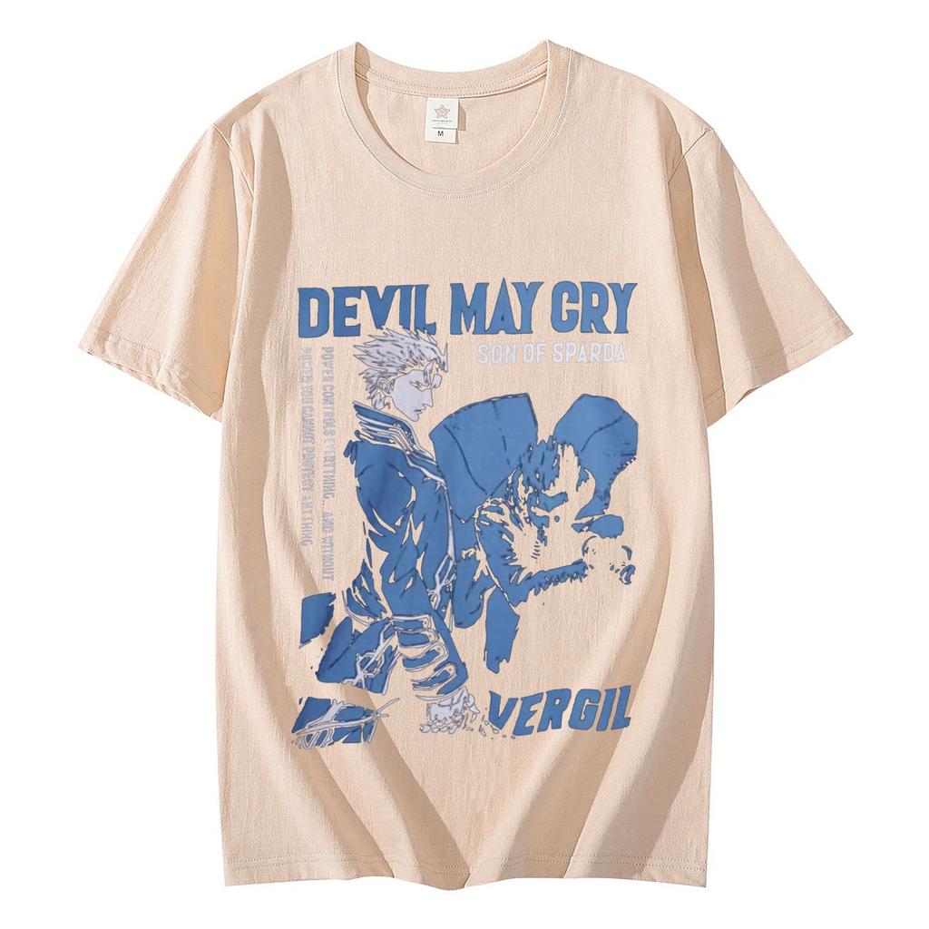 T-shirt à manches courtes, style vintage, surdimensionné, unisexe, décontracté, en coton, style streetwear, avec imprimé Devil May Cry