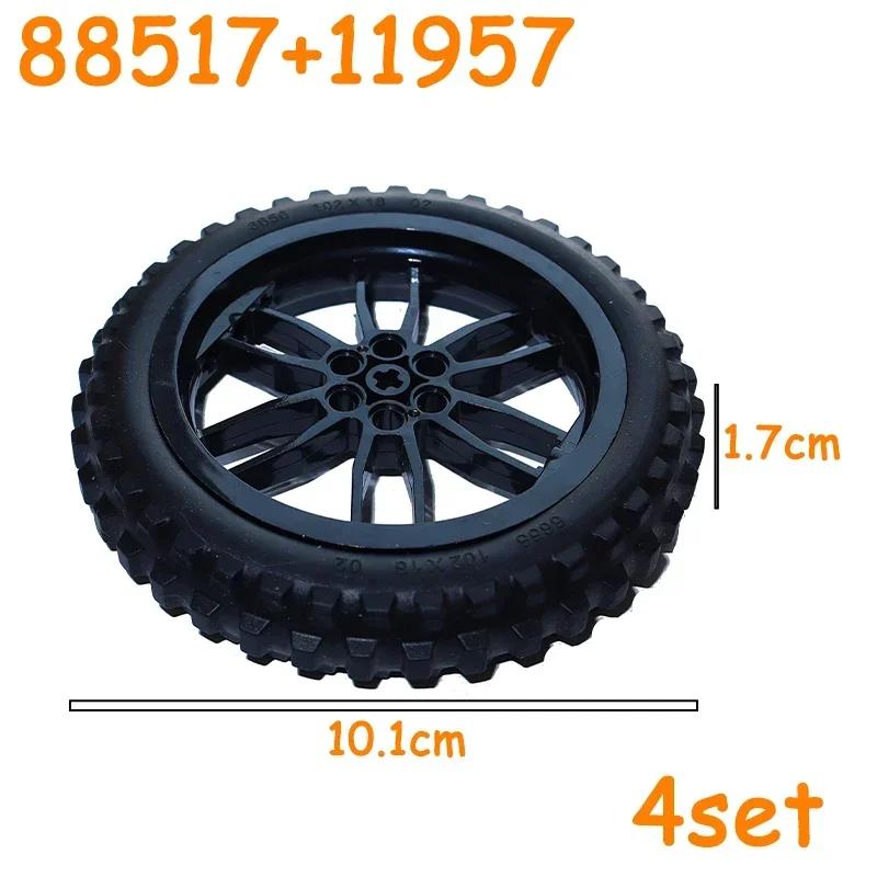 Non-Toxic Technical Tire Wheel Cross Hole Set Car Truck Wheels Hub Bricks Moc Motorcycle Tyre & Rim Construction Building Blocks Toys