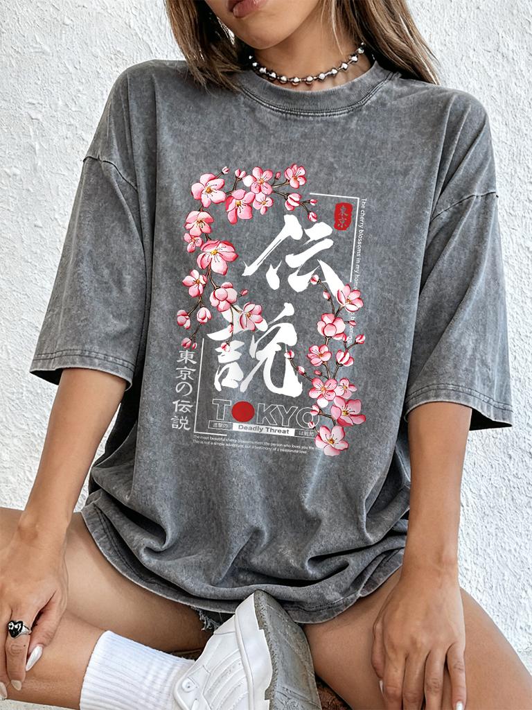 Tokyo Legend Cherry Branch Prints Washed TShirts Womens Cotton Oversized Tops ONeck Short Sleeve T Shirt Summer Women Clothes