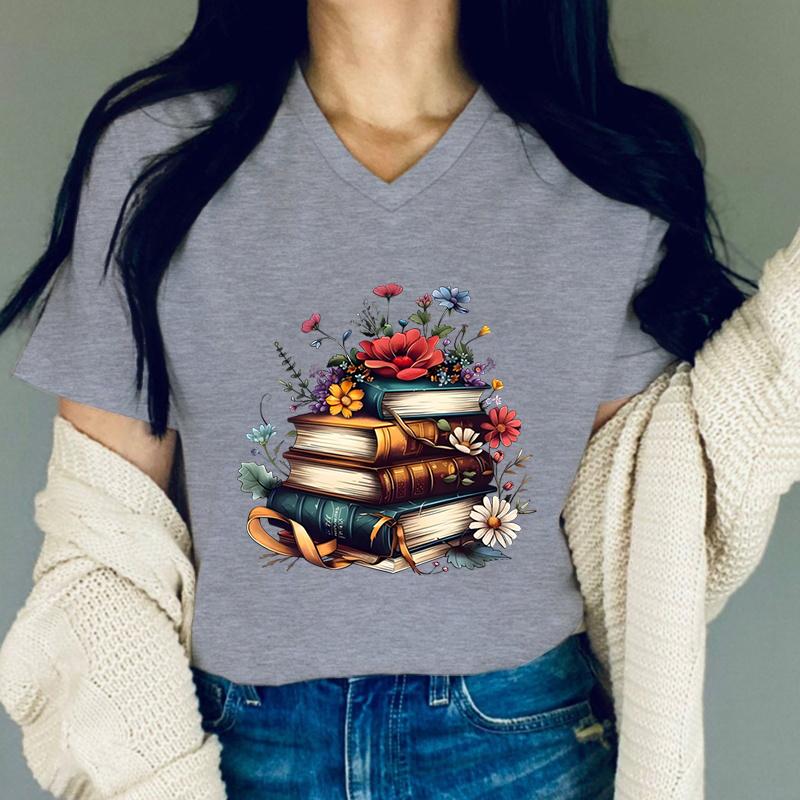 Flower Book Graphic T Shirts Women Vintage Retro Printed Classic Top Flower Lover Gift Summer Clothes Reading Gift Tshirt FeUnisex