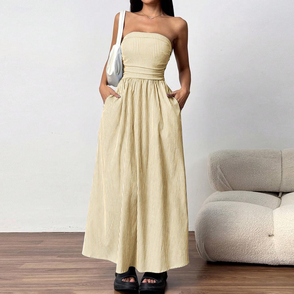 Women Strapless Maxi Dress with Pockets Casual Loose Fit Long Dress European Style Striped Print Sleeveless Sundress