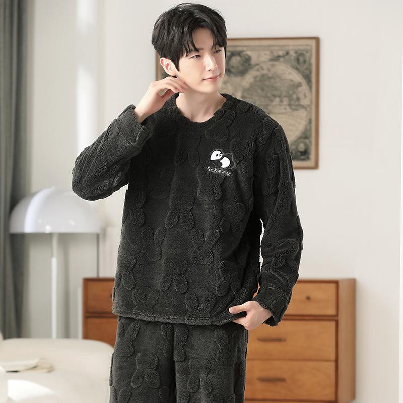 Men's Autumn Winter Flannel Pajamas, Stand Collar, Zipper, Outdoor-Ready Coral Fleece Homewear