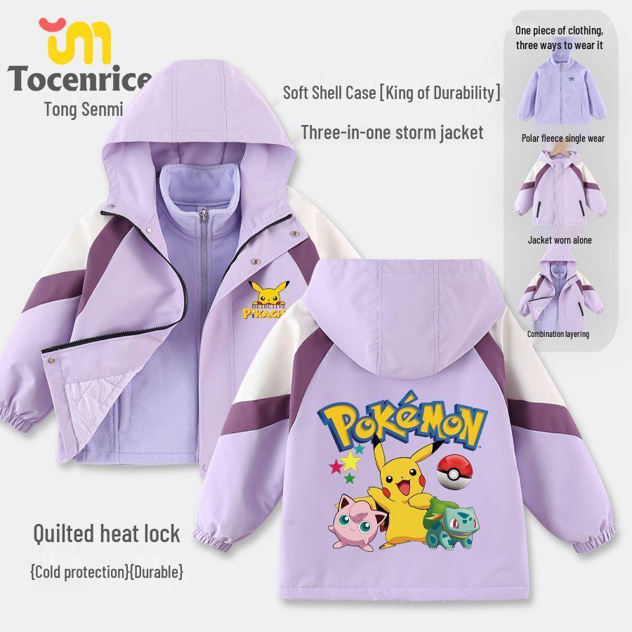 Unisex Pikachu Kids  Fleece-Lined Windbreaker: 2026 Autumn/Winter Cotton Three-in-One Jacket 140 cm