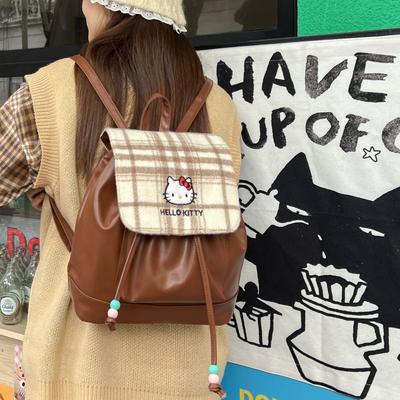 New Personalized Girl Heart Cute Kitten Drawstring Backpack Autumn and Winter Plaid Premium Leather Backpack Female