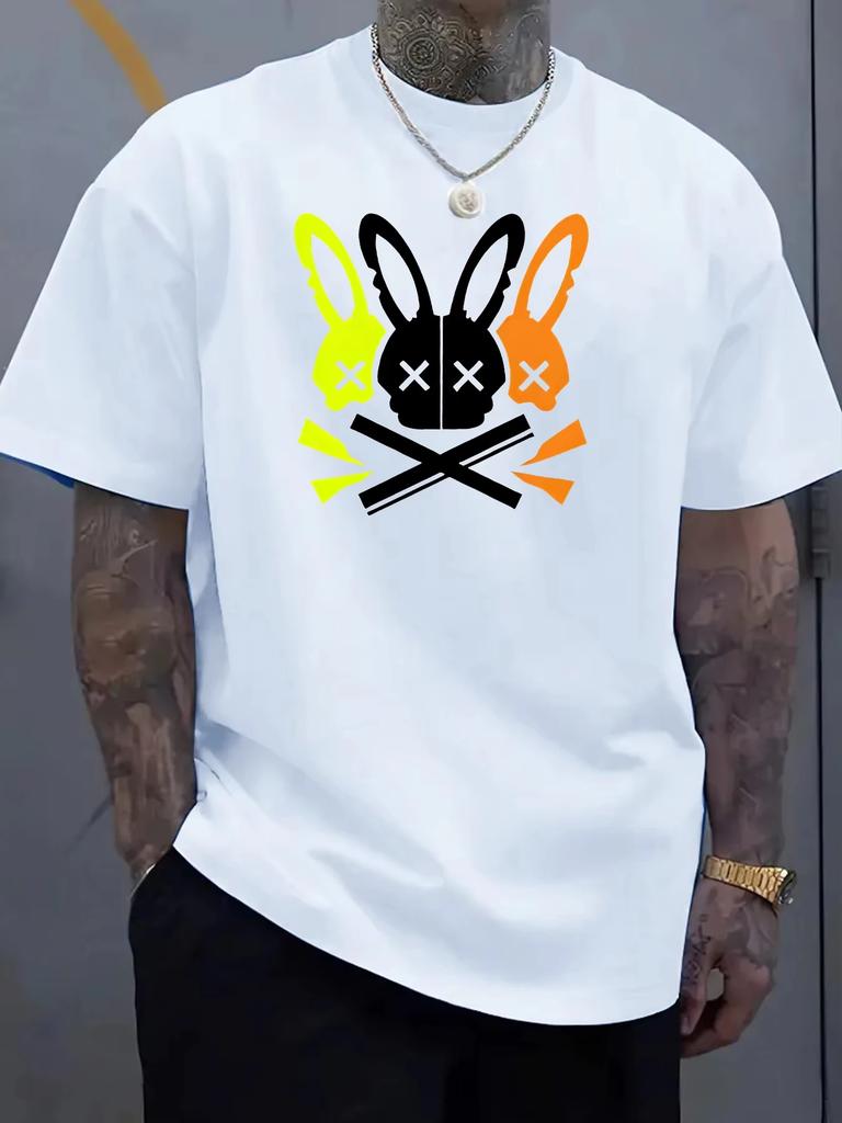 2025 Men's 100_ cotton summer loose fit large Rabbit Skull Graphic printed slim fit casual sports round neck short sleeved