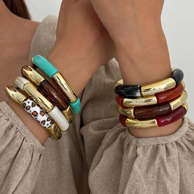 Retro Verschmierter Harz-Bambus Elastisches Armband, Modisches Metall Ellenbogen Leopardendruck Armband Armband.