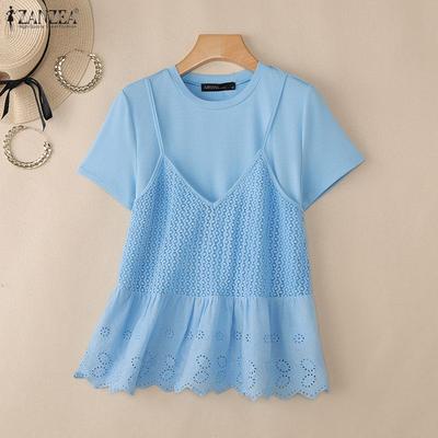 Women Casual Round Neck Splice Loose Short Sleeve Blouse