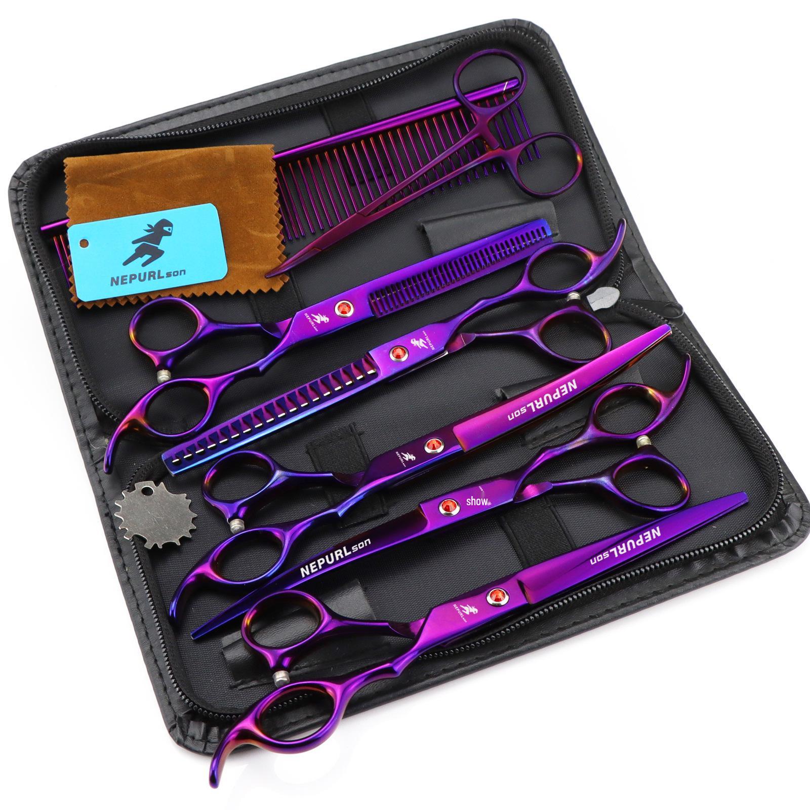 7.0-Inch Plated Color 5-Piece Pet Grooming Scissors Set: Straight, Curved Shears, Fishbone, Fine Teeth Shears, and Grooming Comb