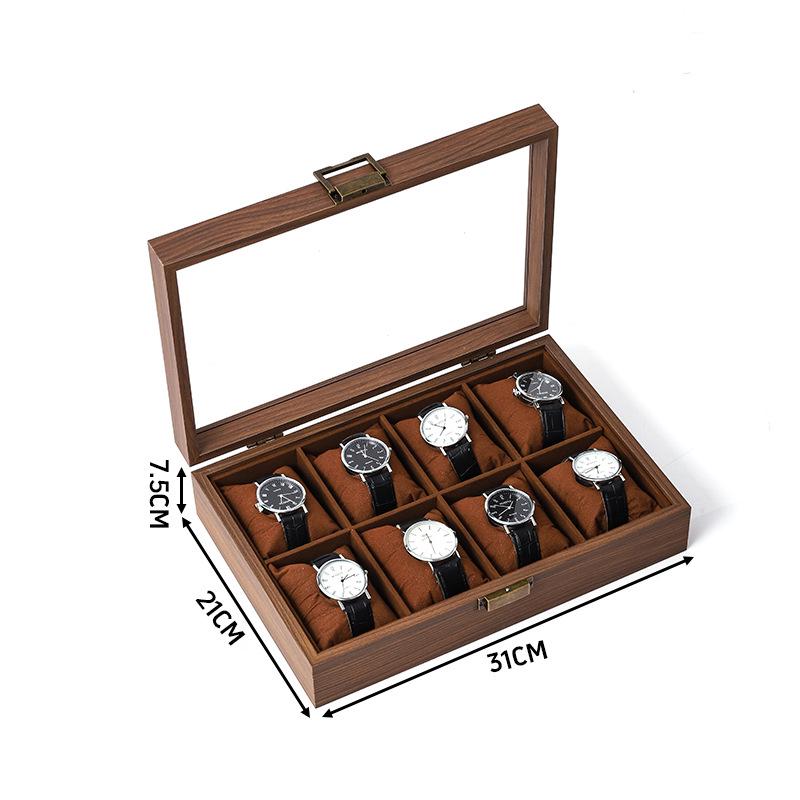 Walnut Wood Grain Watch and Jewelry Display Box with Glass Top
