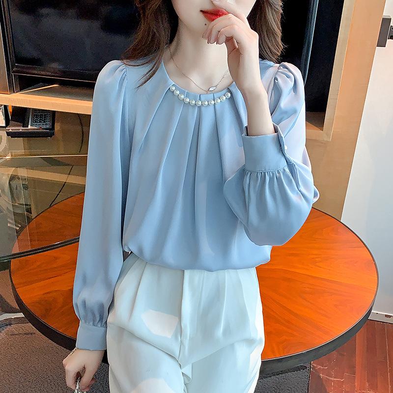 

YYFS Женская мода Повседневная весна-осень Однотонные принты Длинные рукава О-образный вырез Блузки и рубашки S синий