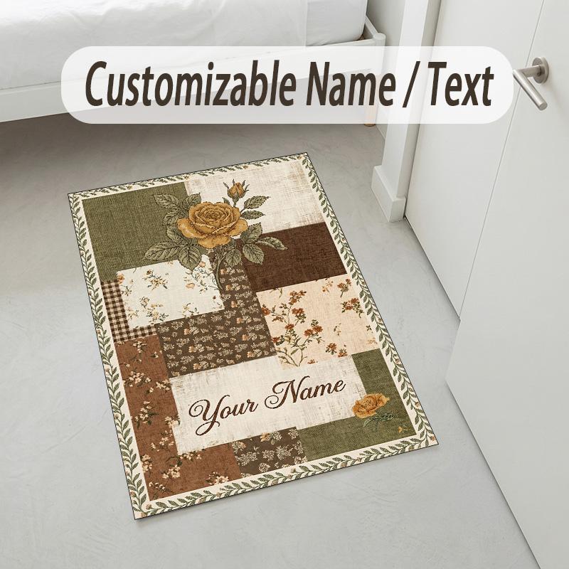 Floral Garden Theme Crystal Velvet Rug Personalized Custom Name Text Soft Floor Mat Home Decor