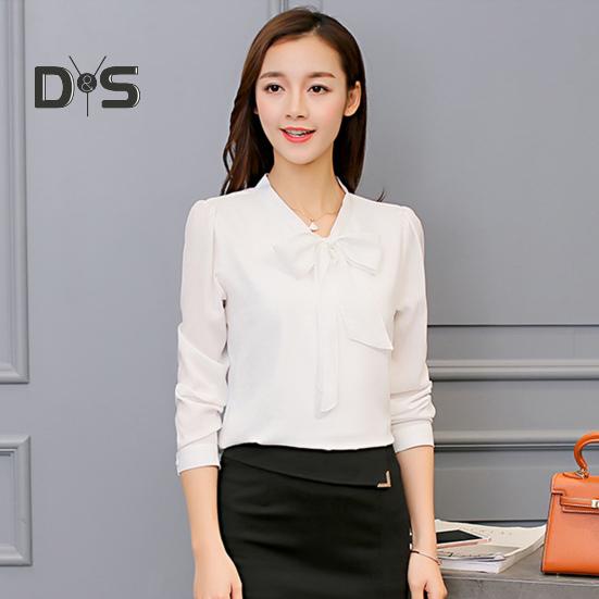 Spring Summer Women Bowknot Lace Up Collar Shirt Tops Long Sleeve Solid Color Casual Chiffon Blouse Workwear