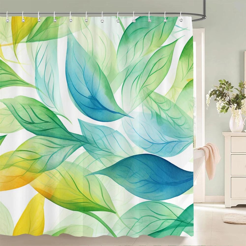 1Pcs Watercolor flower and plant leaves printed fabric waterproof shower curtain, home decoration bathroom curtain, with hooks