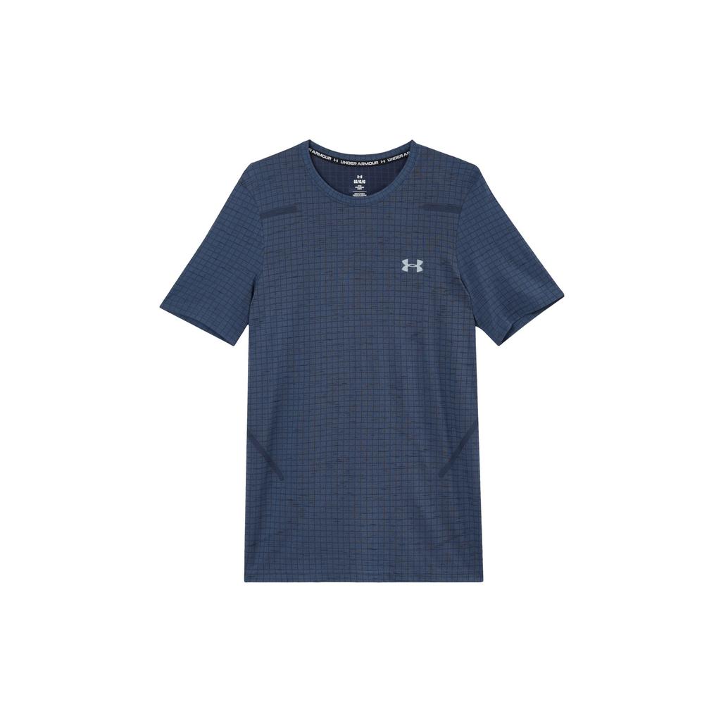 Under Armour Checkered Print Crew Neck Short Sleeve Athletic T-Shirt Men Tops Blue 1376921-044