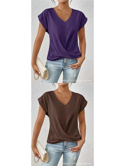 Elegant Solid Color V-neck Short-sleeve T-shirt for Women - Spring/Summer Collection