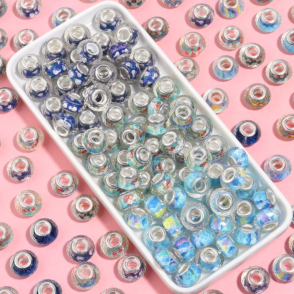10Pcs/Lot 14×9mm Resin Cut Beads Blue Series Printed Large Hole Loose Spacer Beads For Diy Handmade Bracelet Jewelry Accessories