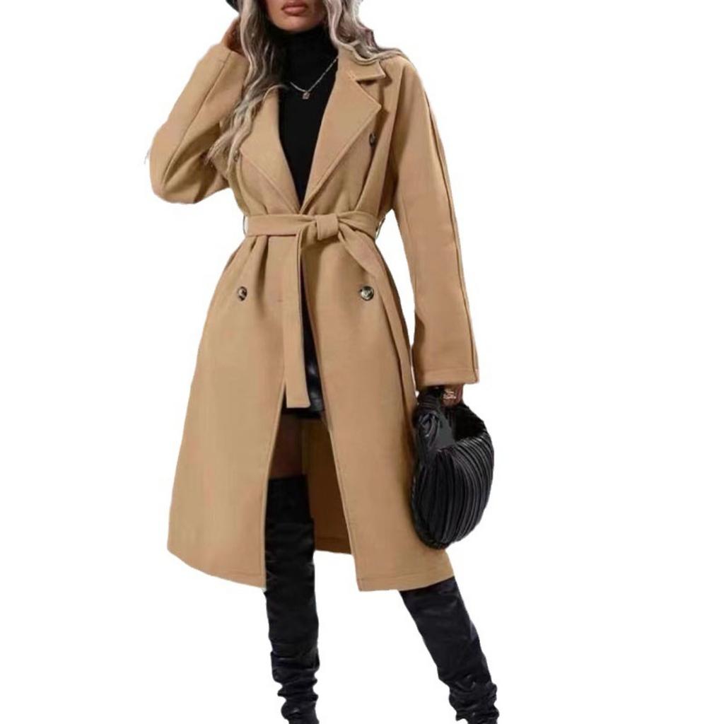Women's Long Thickened Solid Color Double Breasted Belted Lapel Wool Blend Trench Coat for Autumn Winter