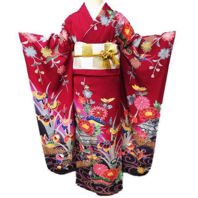 

[Used] Specially selected furisode kimono recycled pure silk Kaga signature flower pattern turquoise running water crimson multicolor Length 163cm