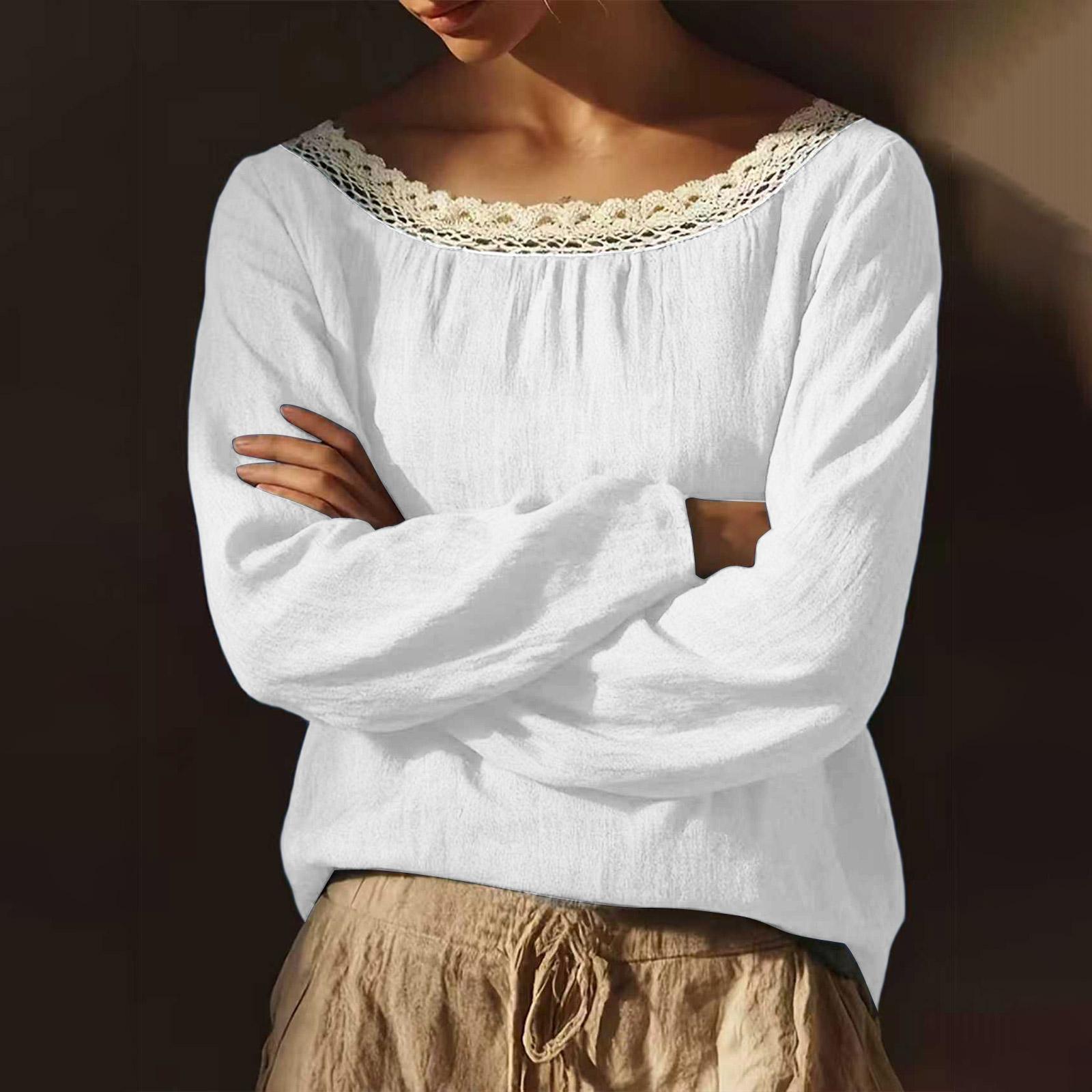 Women s Fashionable Loose-fitting  Color Round Neck Lace Long-sleeved Top M белый