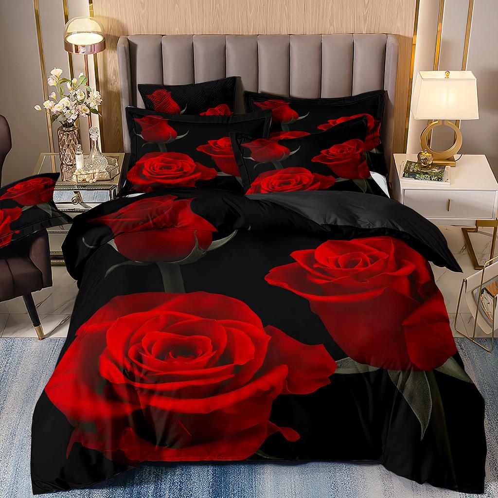 Three-Piece Rose Floral Style 3D Printed Quilt Cover Home Textile Bedding Kit