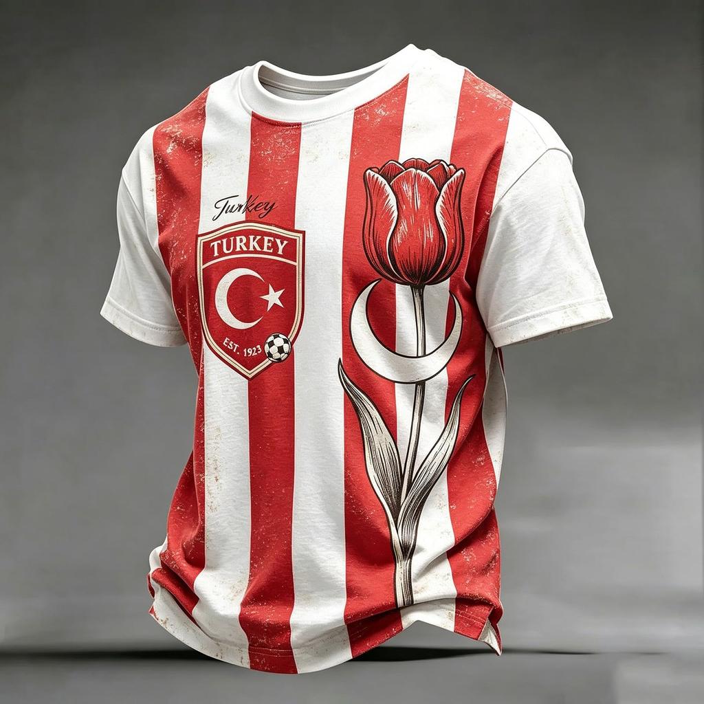 Men's Casual Crew Neck Short Sleeve Pullover T-Shirt with Football Fan Graphic Print World Cup Supporter Top Turkey Design