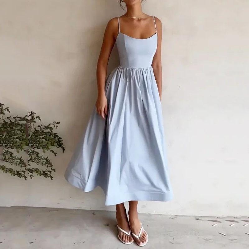 Women's Scoop Neck Sleeveless Midi Dress High Waist Flared Skirt Elegant Commuter Solid Color Sundress 2024 Autumn