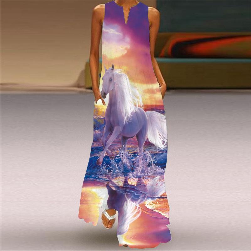 Vintage Dámské 3D tisk Boho Dlouhé šaty bez rukávů Letní móda Společenské šaty s výstřihem do V Dámské Ležérní Kapesní Tenké Vestido