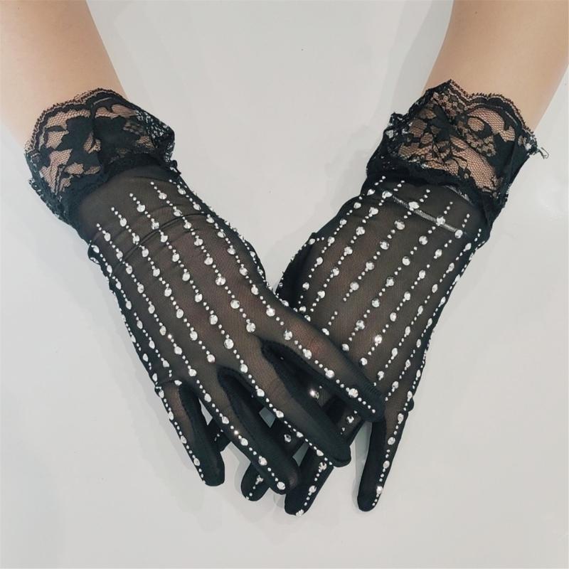 Rhinestones Embellished Gloves With Delicate Lace Trim And Breathable Polyester Fabric Costume Accessory