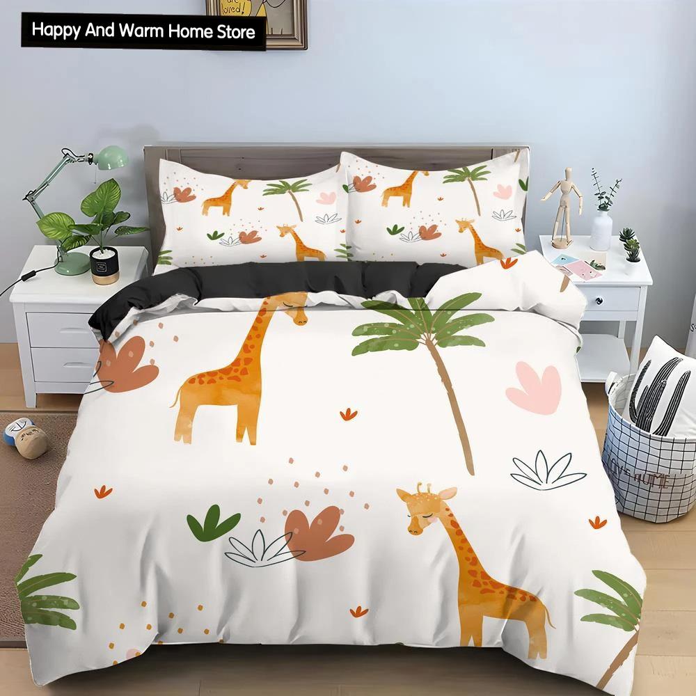 Cartoon Giraffe König Königin Bettbezug Jungen Mädchen Tier Bettwäsche Set Wildtiere Deckenbezug Polyester Bettdecke