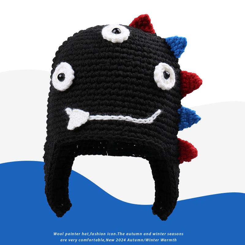 New Autumn and Winter Warm Fun Handmade Knitted Ear Hats Men and Women Cute Funny Cartoon Little Dinosaur Wool Hat
