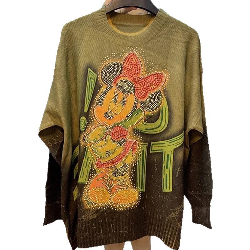Gradient Cartoon Rhinestone Long Sleeve Sweater - Women's Loose Casual Round Neck Knitwear for Autumn/Winter Fashion.
