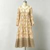 Boho Gold Foil Floral Print Dress V-Neck Tie Waist Lantern Sleeve A-Line Maxi Vacation