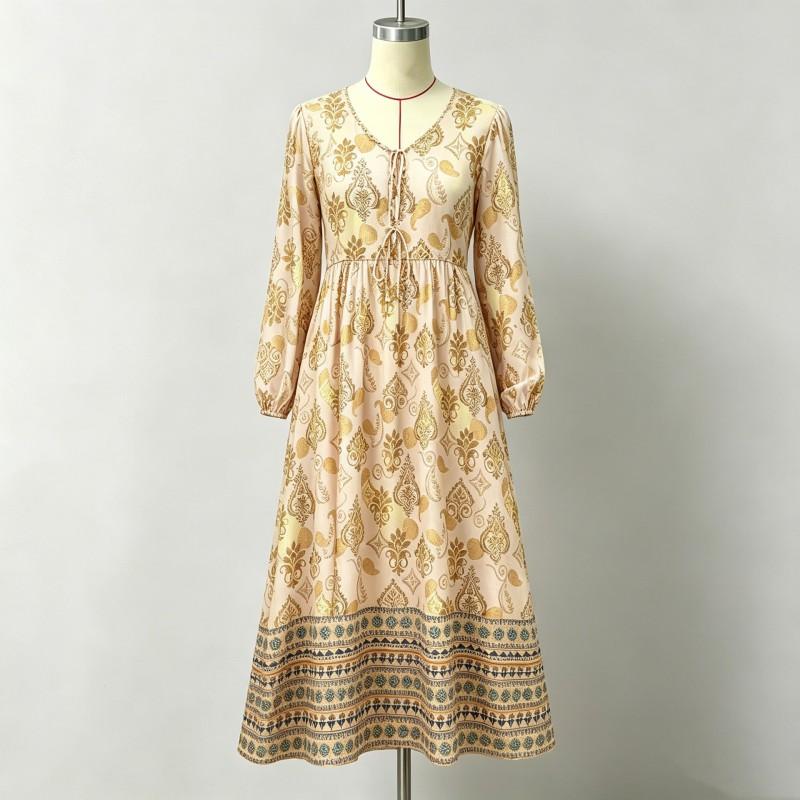 Boho Gold Foil Floral Print Dress V-Neck Tie Waist Lantern Sleeve A-Line Maxi Vacation