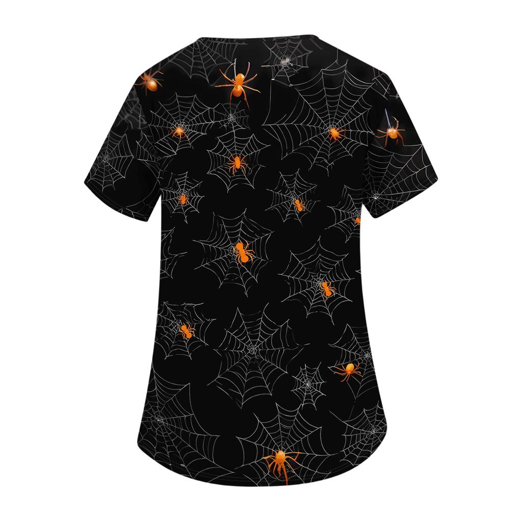 Womens V Neck Short Sleeve Work Shirt Side Slit Pockets Halloween Print Top Casual Comfortable Fit