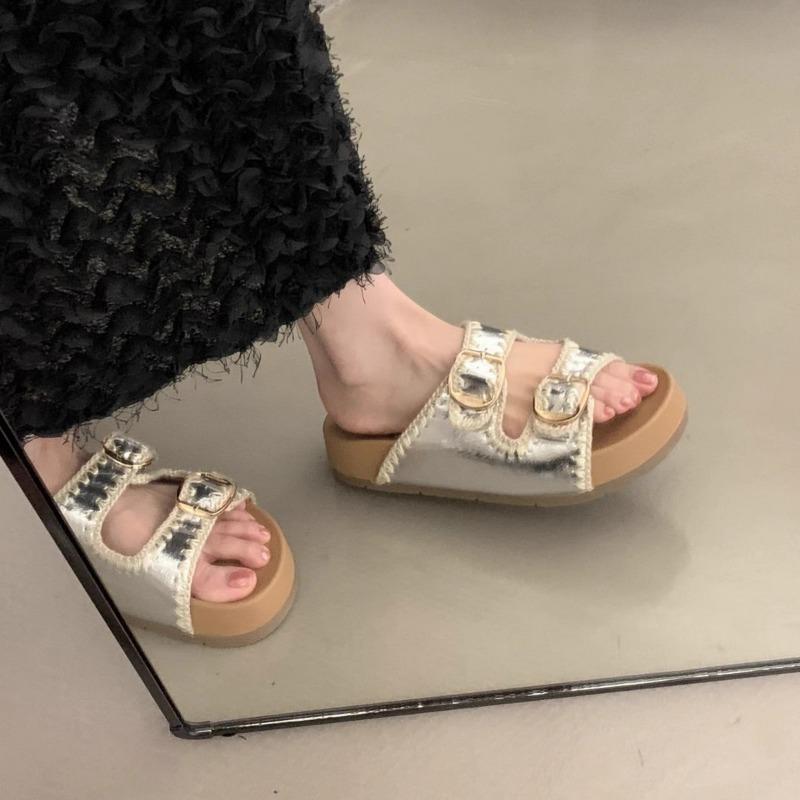 Soft leather version~ thick-soled slippers women's summer wear new one-word slippers high-end cool slippers