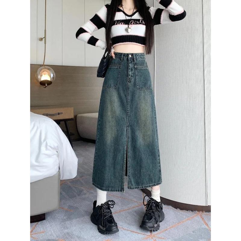 Retro Džínsová Sukňa Dámska Móda Jednoduchý Dizajn s Rozparkom Sukňa Strednej Dĺžky Všestranná Slim Fit Dámska Sukňa