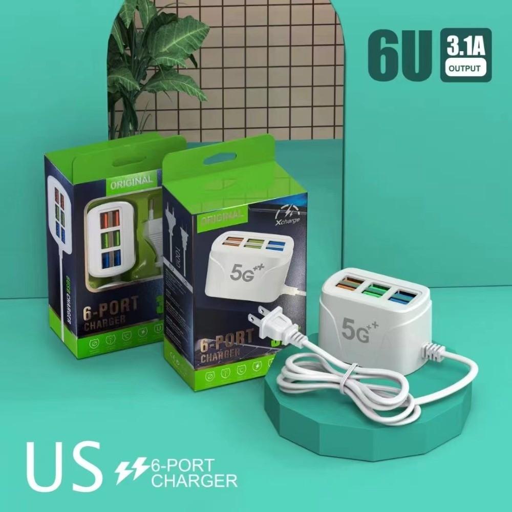 

New 6 Ports USB Phone Charger Power Strip Quick Charging US/EU Plug Charger Hub Splitter Wall Charger for Smartphones Tablets US Plug