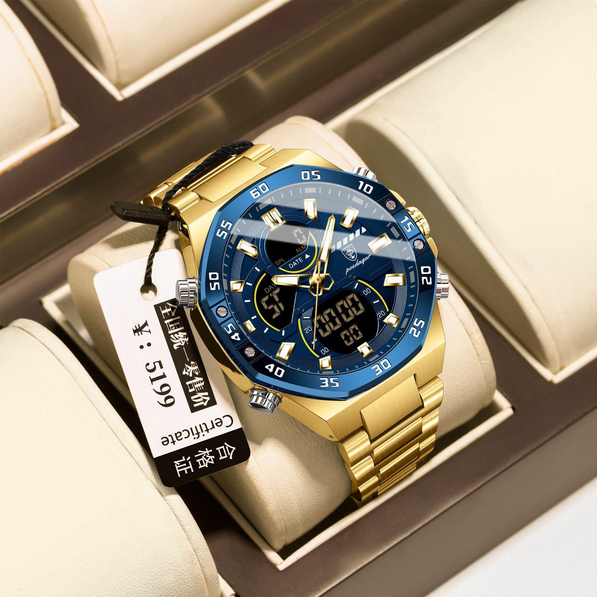 

POEDAGAR National Top Swiss Brand New Men s Watch Fashion Digital Dual Display Waterproof Luminous Sports Wristwatch CE101Gold case, blue dial