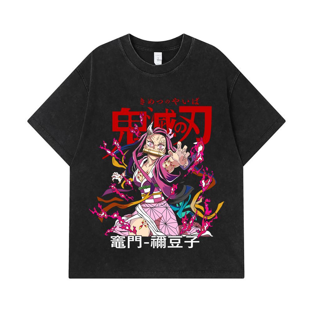275 GSM Washed T-shirts 100% Cotton Demon Slayer V72 Nezuko Print Unisex Heavy Cotton T Shirt