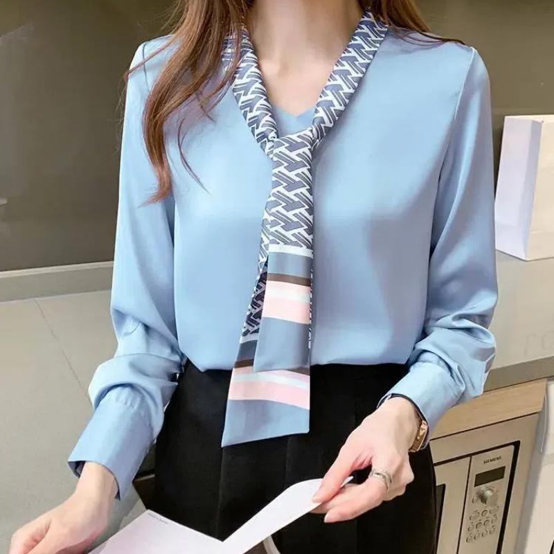 Spring Autumn Solid Color V-neck Long Sleeve Blouse Women High Street Casual Loose Pullovers Elegant Satin Face All-match Tops