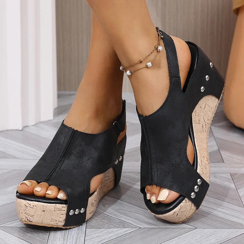 Fashion Retro Thick Sole Wedge Sandals for Women Summer Peep Toe Chunky Platform Sandals Woman Hollow PU Leather Roman Sandalias Mujer