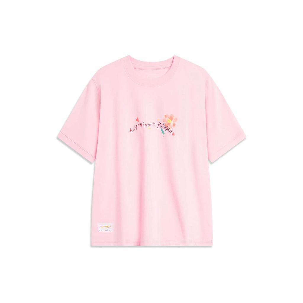 Li-Ning Cartoon Floral Loose Short Sleeve T-Shirt Women Tops Winning-Pink AHST488-6